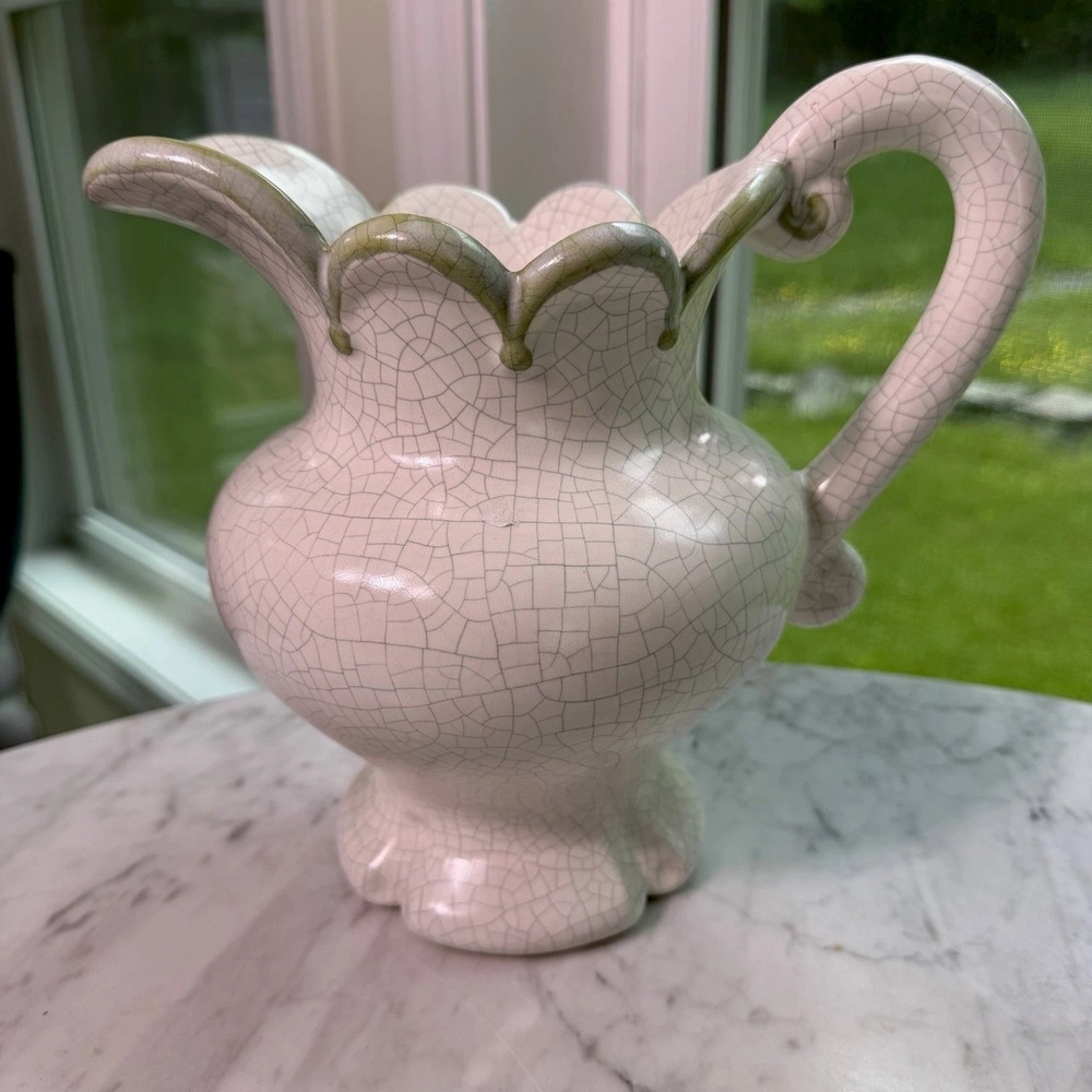 Vintage Studio Art Pottery Pitcher Scalloped Rim Crackle Glaze Hand Signed